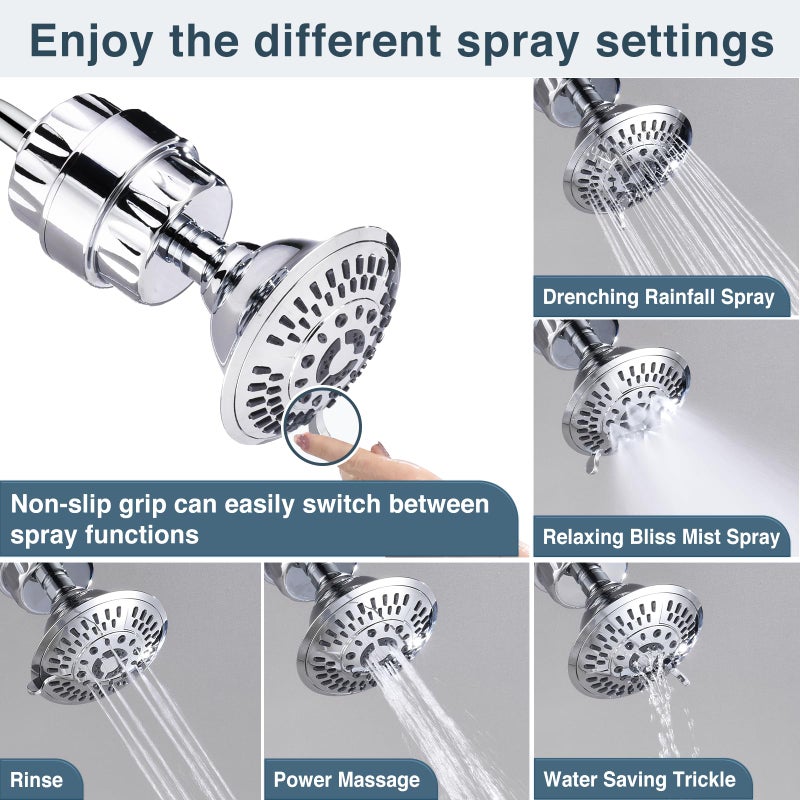 Bright Showers High Pressure Shower Head with Shower Filter, 5 Spray Settings, Polished Chrome, Removes Chlorine, Fluoride, Sediments, 4.7"" Diameter - Image 4